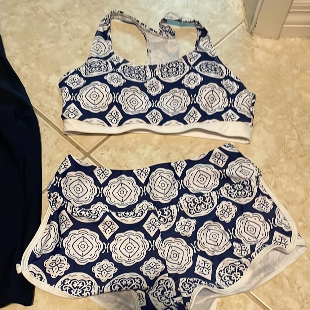 Women's Blue and White Patterned Sports Bra and Shorts Set swim suit
